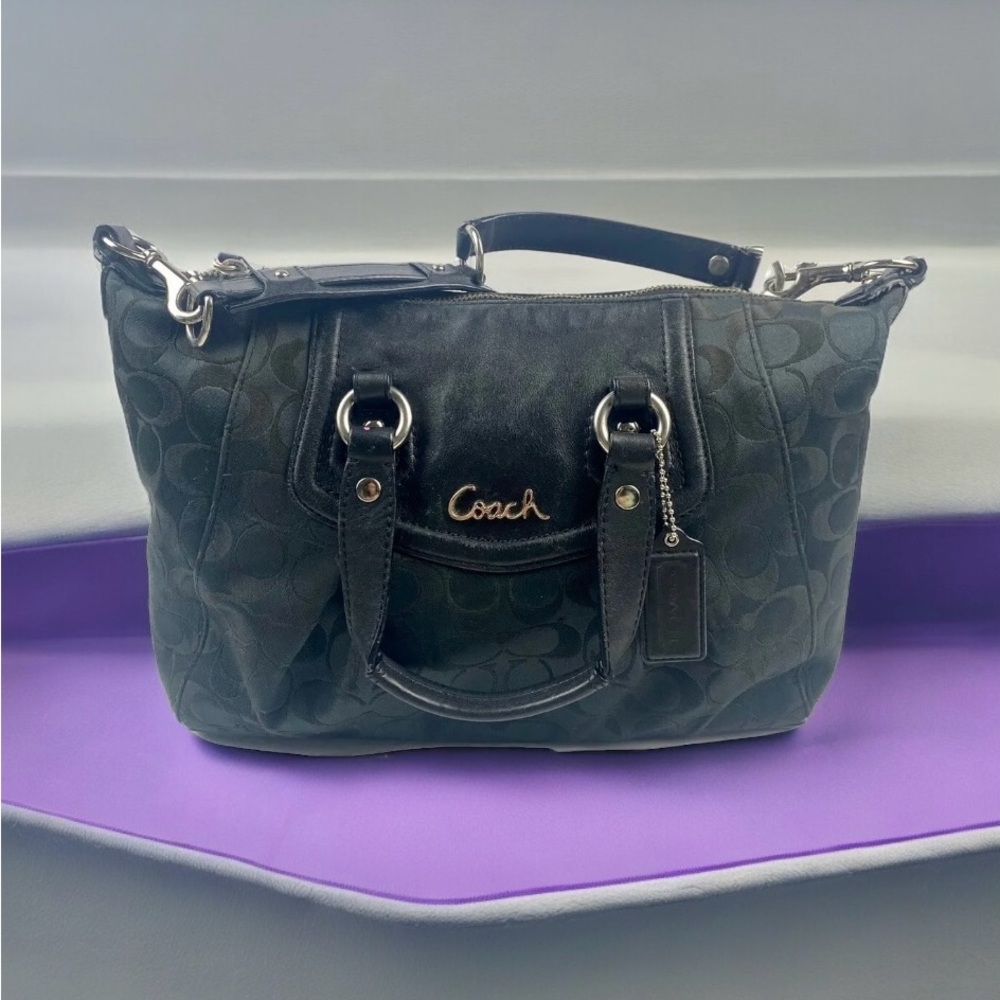 Coach Signature Leather Ashley Black Sateen Satchel Strap Bag